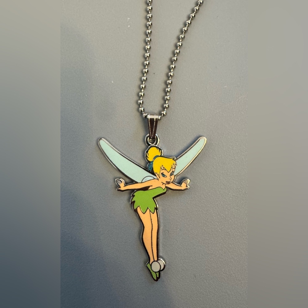 Disney Tinkerbell Metal Enamel Pendant Chain Vintage Necklace Silver Tone - New